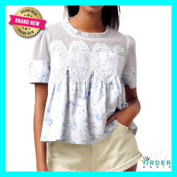 Tops - Lace Detail Flared Blouse Short Sleeve Crew Neck Flowy Mesh Swing Top